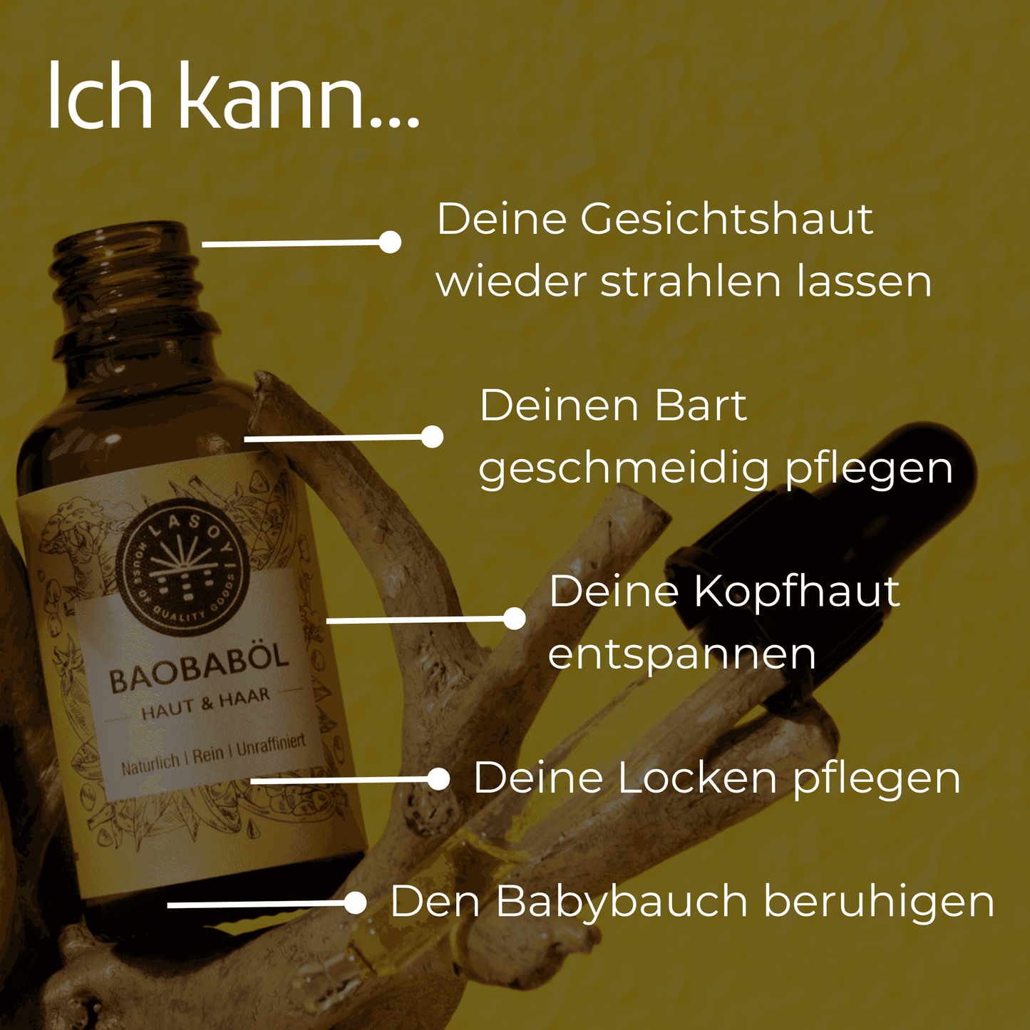 Baobabölflasche mit Pflegehinweisen für Haut und Haar