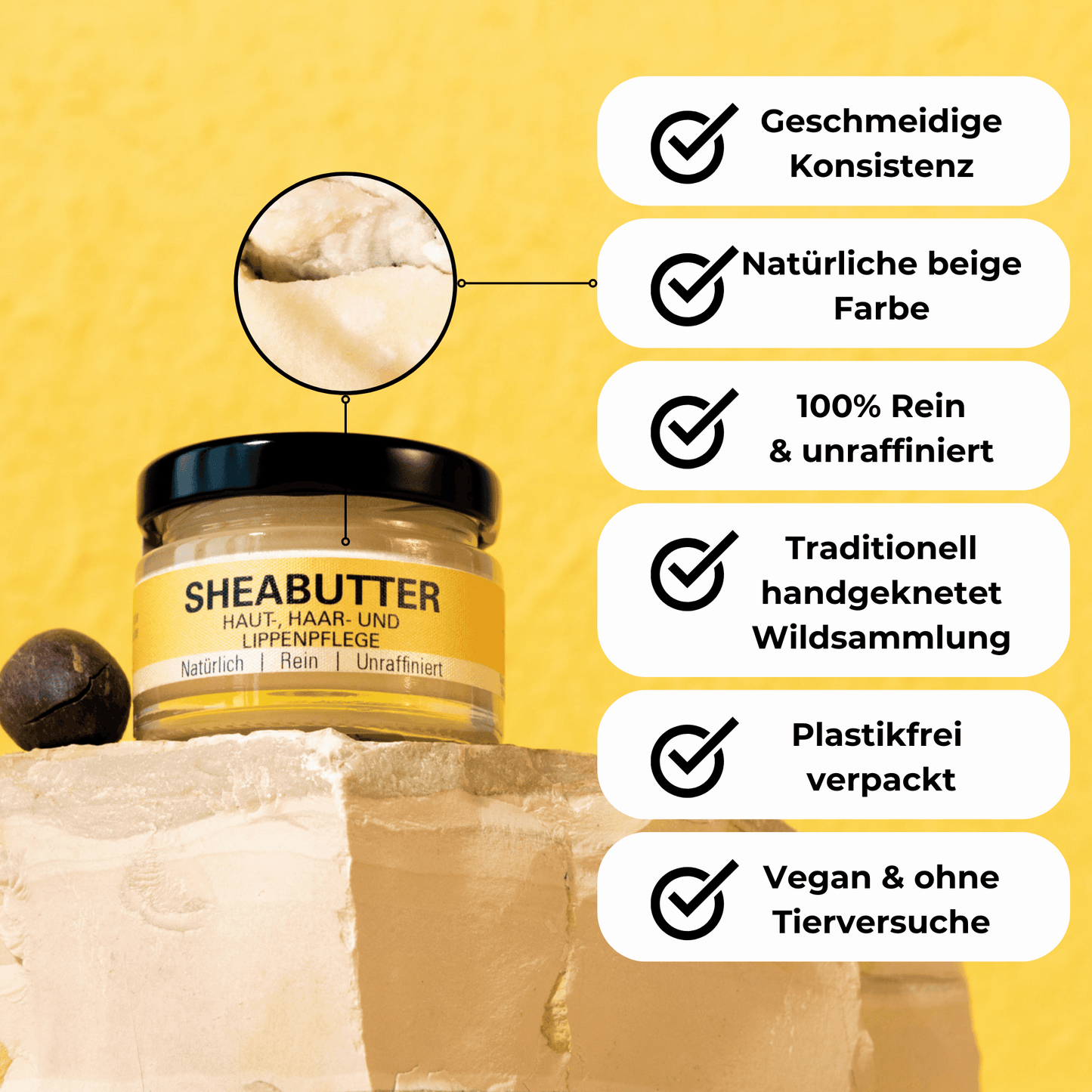 Sheabutter im Glastiegel mit Produktmerkmalen