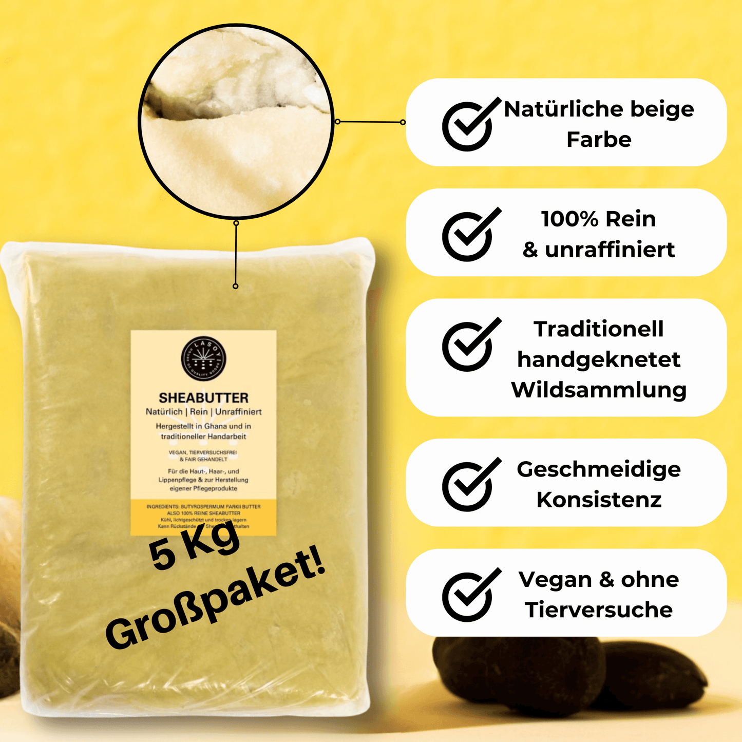 5 Kg Sheabutter, natürliche Farbe, vegan, handgeknetet