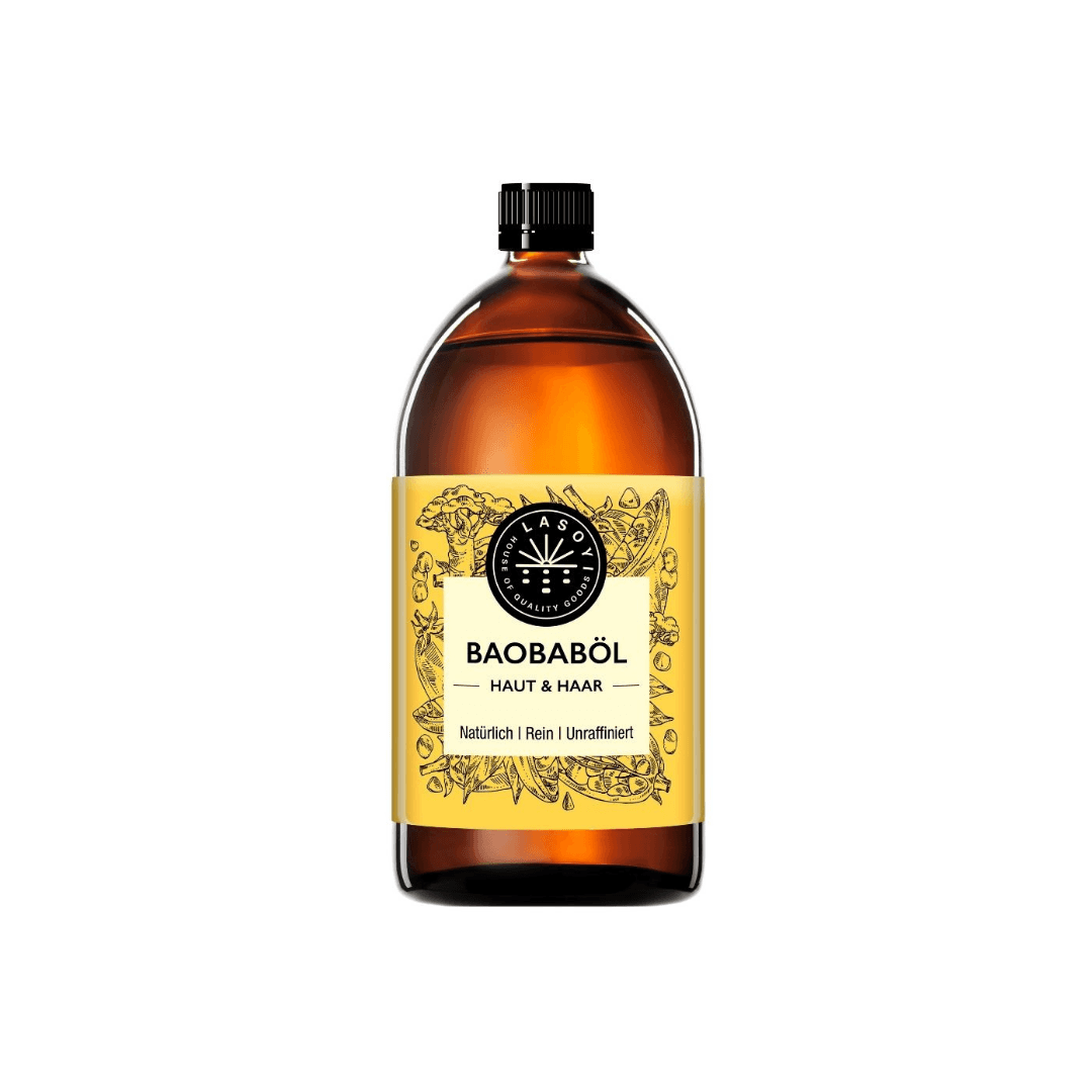 Unraffiniertes Baobaböl in brauner Glasflasche